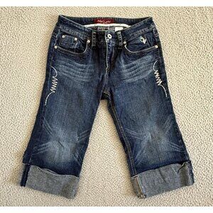 Baby Phat Jeans Blue Capri Cropped Distressed Embroidered Zipper Logo